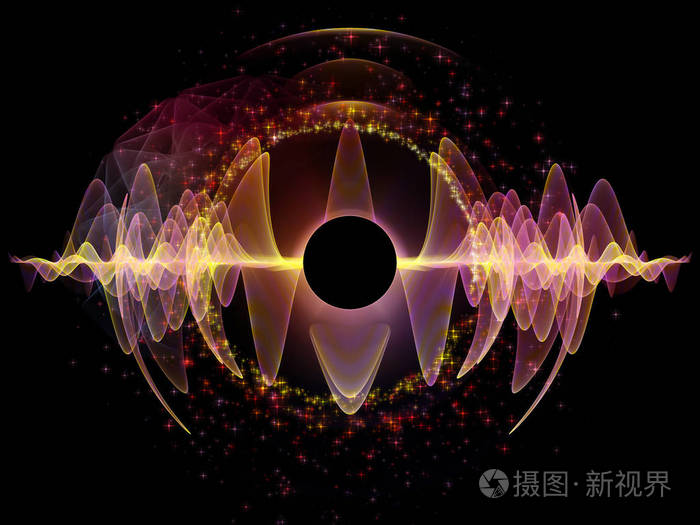 声音均衡器,音乐谱和量子概率的彩色正弦振动,光和分形元素的图形组成