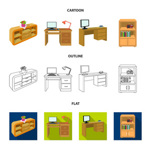 有花的架子, 有电脑和台灯的桌子, 有监视器和书的桌子, 有文件和收音机的柜子。家具和室内集合图标在卡通, 轮廓, 平面