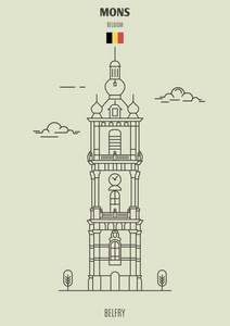 比利时贝尔福特塔。线形风格的地标图标
