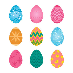设置九复活节彩蛋在粉红色和蓝色的色调有花卉图案