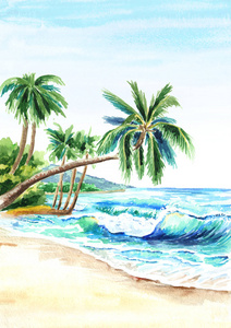 海景.夏季热带海滩有金色的沙子, 波浪和帕默.手绘立式水彩插图照片