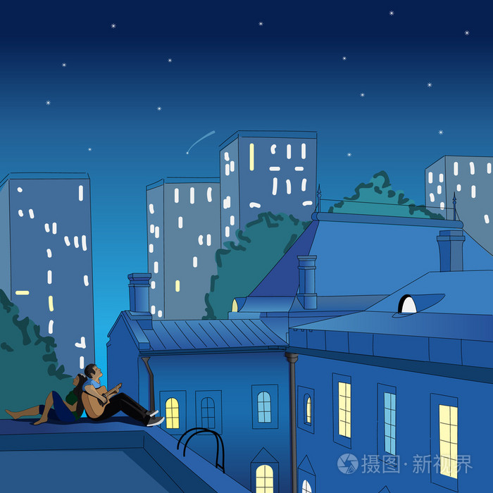 几个晚上坐在屋顶上插画-正版商用图片07wwml-摄图新视界