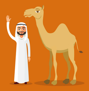 阿拉伯男子挥舞着她的手和滑稽的骆驼