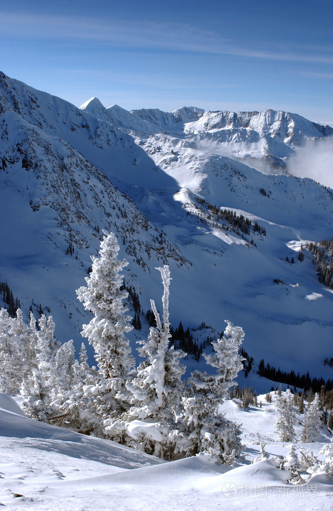 壮观的景色到山脉从雪鸟在美国犹他州的滑雪胜地