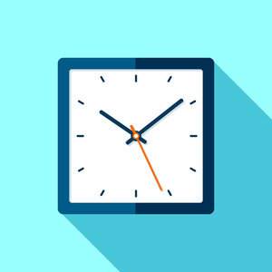 平面样式的时钟图标, 蓝色背景上的方形计时器。商业观察。用于项目的矢量设计元素
