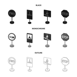 不同类型的道路标志黑色, 单色, 轮廓图标在集合中进行设计。警告和禁止标志矢量符号股票 web 插图