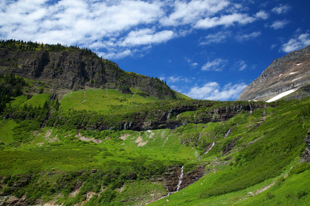 绿色的草和瀑布沿去太阳路在冰川国家公园