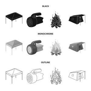 遮阳篷, 消防和其他旅游设备。帐篷集合图标黑色, 单色, 轮廓样式矢量符号股票插画网站