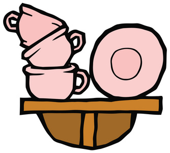 粉红色的杯子和盘子在一个架子上矢量绘图