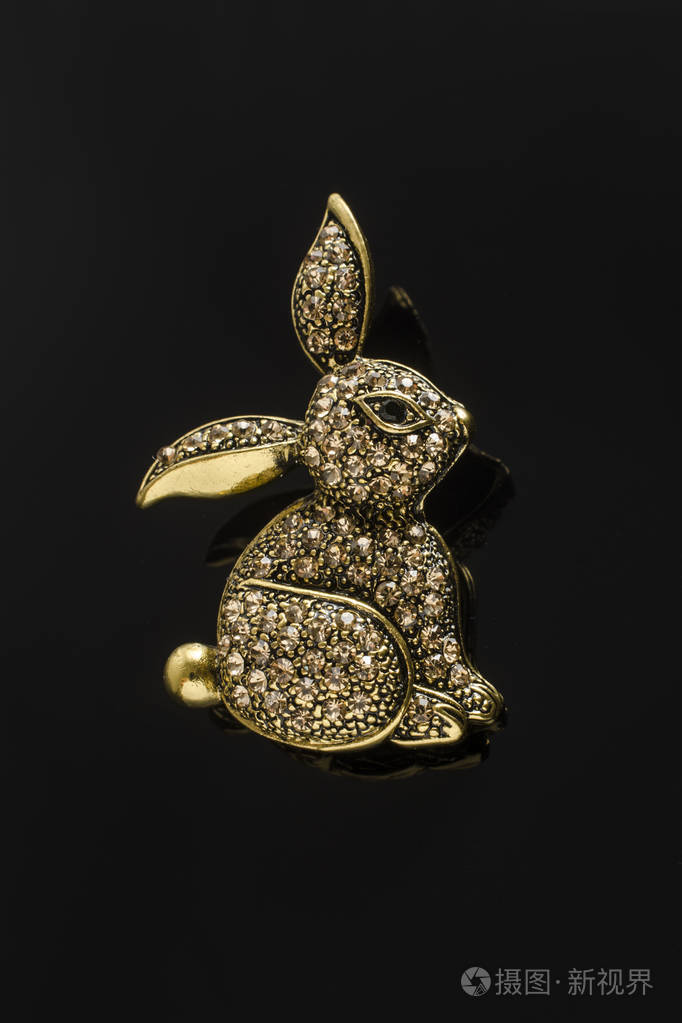金色胸针兔与钻石隔离黑色