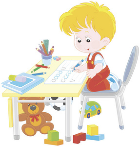 任务插画小男孩在一本练习本上做作业, 有写作样本, 卡通风格的矢量