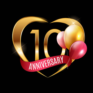 模板黄金标志10年周年纪念与丝带和气球矢量插图