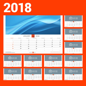 2018年的挂历模板。矢量插图。设置12月。文具设计