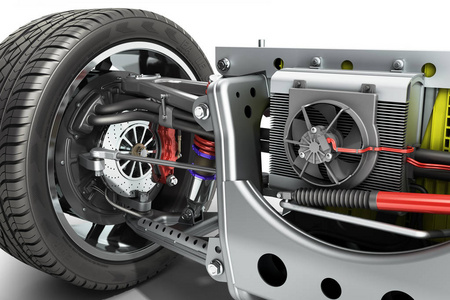 电动车 cystem 轴距与电动汽车驱动系统和电池组3d 渲染白色