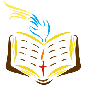 一只鸽子从天上降为一只开着十字架的圣经照片