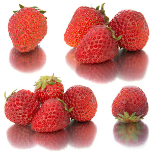 许多不同的草莓在白色背景下, 与草莓隔绝, 在一张纸上有很多不同