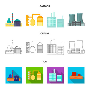 工业生产。工厂集合图标在卡通, 轮廓, 平面矢量符号股票插画网站