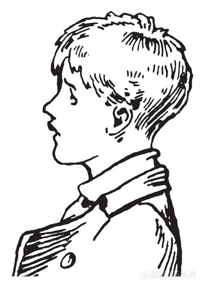 年轻的男孩穿着夹克面对左边在这张图片复古线条画或雕刻插图