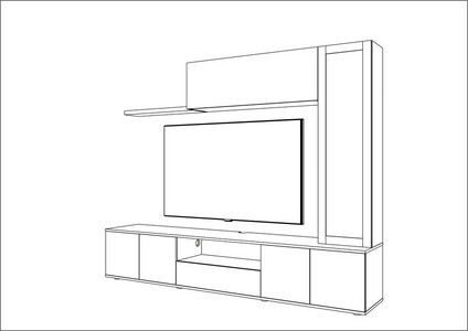 3d 矢量草图。电视台和娱乐中心与用具和装饰