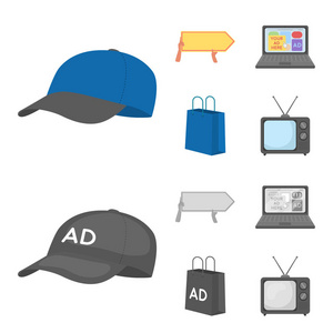 棒球帽, 指针在手, 笔记本电脑, 购物袋。广告, 集合图标在卡通, 单色风格矢量符号股票插画网站