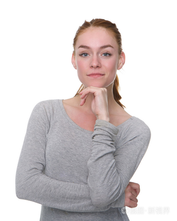 严重的年轻女子,用手托住下巴照片-正版商用图片07y18a-摄图新视界