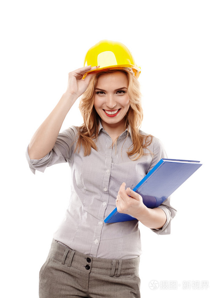 性格开朗的女工程师戴保护头盔及持