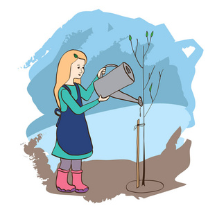 女人浇树小女孩从浇水罐里浇一棵树.矢量插画卡通照片