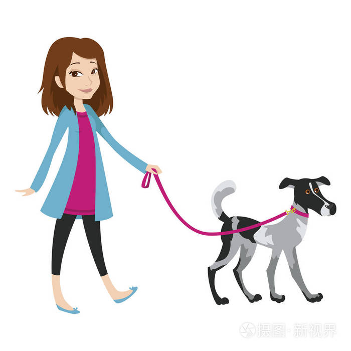 带着狗牵着皮带走路的女孩.在白色背景查出的向量例证