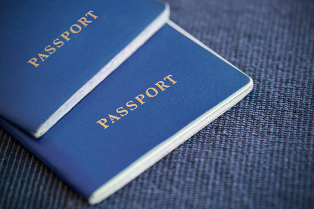 蓝色纺织品背景的两张蓝色护照