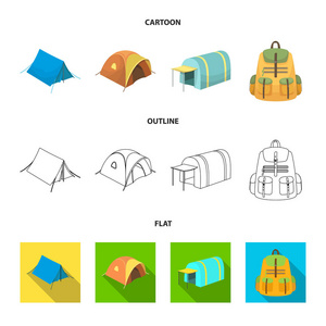 背包和其他类型的帐篷。帐篷集合图标在卡通, 轮廓, 平面风格矢量符号股票插画网站