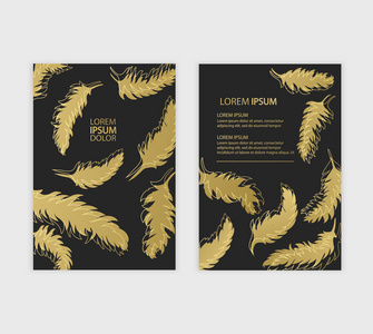 小册子传单设计模板, 封面的金色羽毛。A4 大小的布局