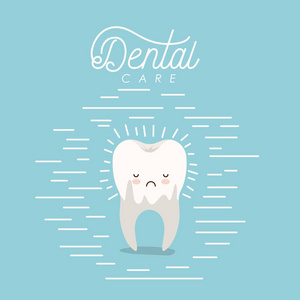 可爱漫画牙齿龋在根牙牙科护理与悲伤的表达与线条彩色海报