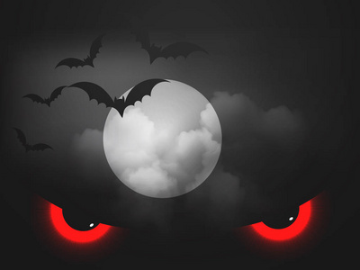 红色满月万圣节海报与红色怪物眼睛, 满月和蝙蝠照片