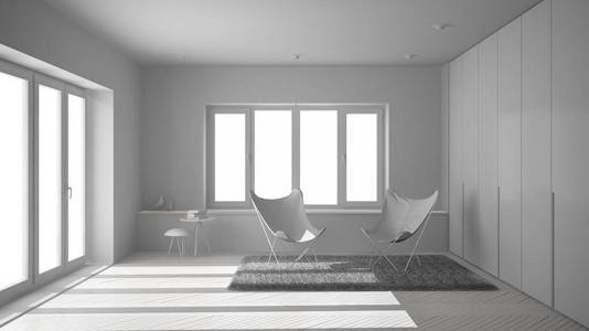 全白项目的最小客厅与扶手椅地毯, 实木复合地板和全景窗口, 斯堪的纳维亚建筑, 现代室内设计