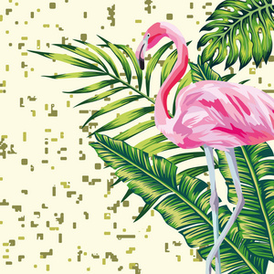 美丽的小鸟粉红色的火烈鸟和矢量热带绿叶打印数字背景