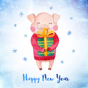 冬季贺卡与可爱的猪和礼品盒。2019中国新年的猪。水彩插图