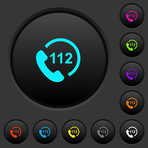 紧急呼叫112深色按钮, 在深灰色背景上生动的颜色图标