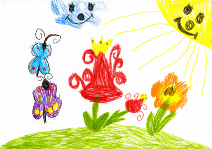 野生花卉和蝴蝶在阳光明媚的草地上。儿童画