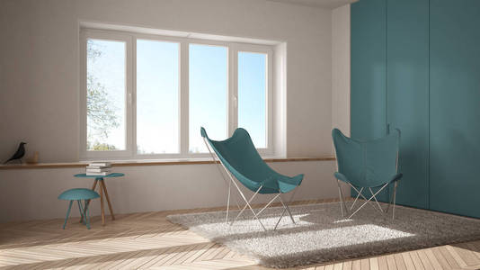 白色和蓝色最小的客厅与扶手椅地毯, 实木复合地板和全景窗口, 斯堪的纳维亚建筑, 现代室内设计
