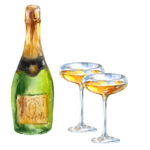 香槟瓶, 水晶杯配葡萄酒。白色背景水彩插图