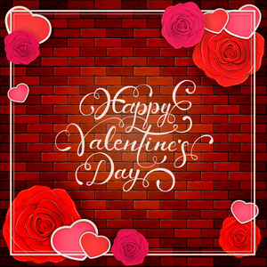 心与玫瑰和快乐的情人节砖墙 backgro