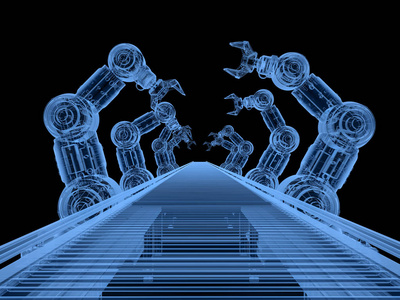 3d 绘制黑色背景的带传送带的 x 射线机器人装配流水线照片