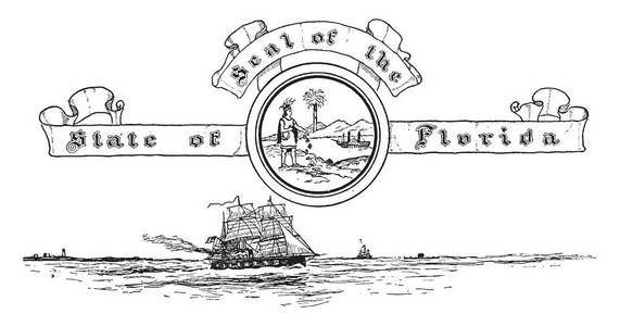 美国佛罗里达海豹的背景艾恩赛德船, 和一个在中间, 在帆船下, 复古线条画或雕刻插图