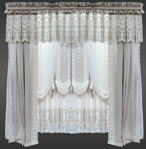 用绣花和花边修剪的灰色颜色的天然亚麻布制成的窗帘, pelmet 和白色薄纱