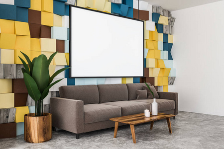 彩色瓷砖边教职员质素墙客厅配有混凝土地板棕色沙发和咖啡桌。3d 渲染水平模拟海报框架