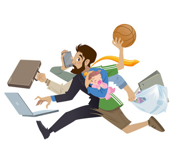 卡通超级大忙人和父亲一心多用做很多工作照片