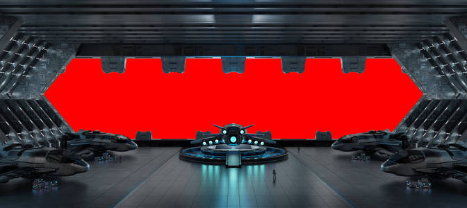 Llanding 带太空飞船内部孤立的红色背景3d