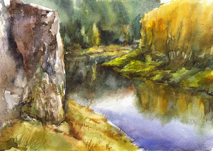 秋天的风景与河流。黄色秋天森林和水。水彩插图