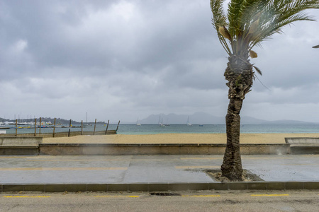 马略卡岛海滩与暴风雨的天空，无人的海边