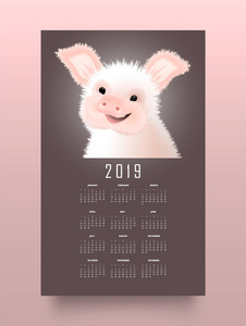 日历以东部标志2019年猪。快乐的微笑小猪矢量 illustartion